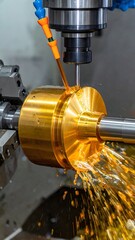Close-up view of a CNC lathe machine machining a shiny brass component with bright sparks and coolant spray during precision metalworking.