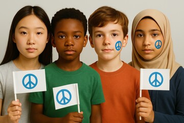 Four children of diverse ethnicities hold peace flags with peace symbols on cheeks