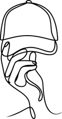 Minimalist Line Art Hand Holding Cap, Simple Hat Sketch Design.
