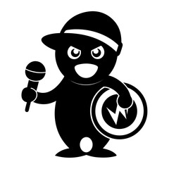 Cartoon character wearing a hat holding a microphone and a circular object with a w symbol