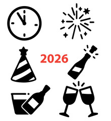 New Year Eve Celebration Pack, Fireworks, Champagne Glasses, Party Hats, Clock, Balloons, Confetti, 2026 Digits, and More, Editable Formats: AI, EPS, JPG, PNG, Ideal for Both Digital and Print Use
