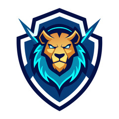 Obraz premium Fierce lion head emblem with blue flames and sharp sword accents