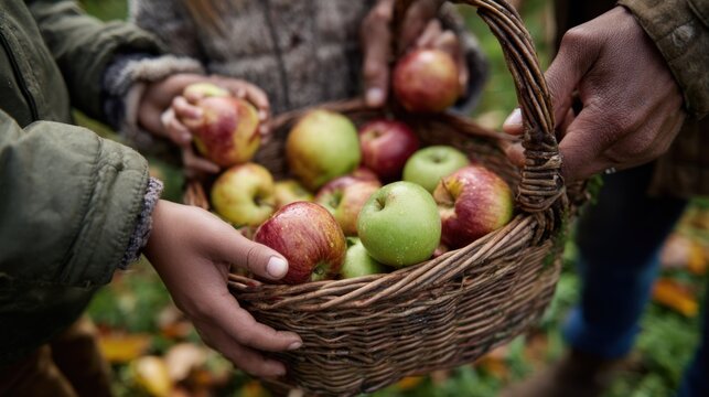 Family shares apples from a basket