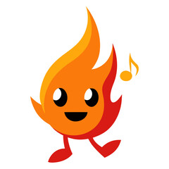 Happy cartoon flame character dancing with a musical note