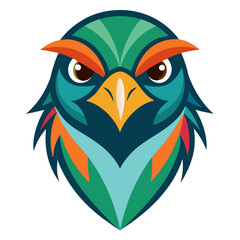 Stylized geometric owl head with vibrant teal orange and green feathers