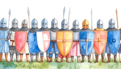 Watercolor illustration of a medieval knight army