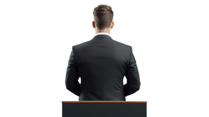 A businessman standing at a podium, viewed from the back, preparing to deliver a presentation.
