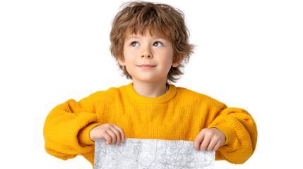A cheerful boy in a bright yellow sweater holding a map, looking inquisitively toward the future.