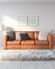 Cozy Living Room with Stylish Brown Leather Sofa and Decorative Cushions in a Modern Interior