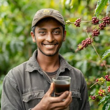 A farmer enjoying coffee: A close-up shot of a smiling farmer holding a cup of coffee in a coffee plantation, enjoying his success. The image celebrates the journey from bean to cup.