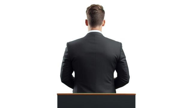 A businessman standing at a podium, viewed from the back, preparing to deliver a presentation.