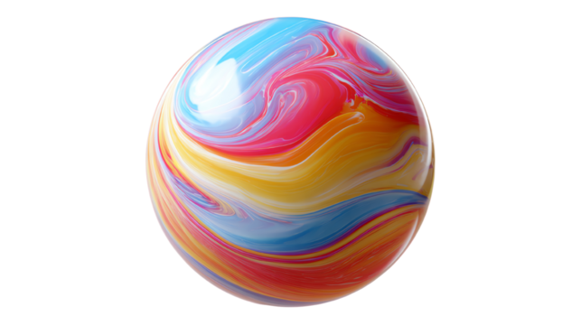 A colorful swirl marble with shades of blue, red, and yellow on a transparent background.