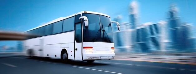 Naklejka premium Luxury travel bus cruising along the highway in Dubai during dusk, showcasing sleek design and modern features