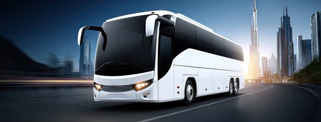 Luxury travel bus cruising along the highway in Dubai during dusk, showcasing sleek design and modern features