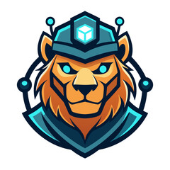 Futuristic cybernetic lion head with glowing blue eyes and geometric helmet