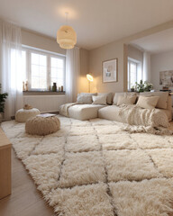 Cozy Living Room Interior with Fluffy Rug and Natural Light in a Modern Home Decor Setting