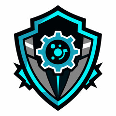 Modern tech shield emblem with cyan gear and abstract design elements