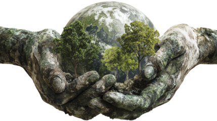 A pair of hands cradling a globe with trees, symbolizing care for the planet and environmental sustainability.