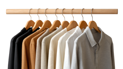 A row of neatly hung shirts in various colors on a wooden hanger against a white background.