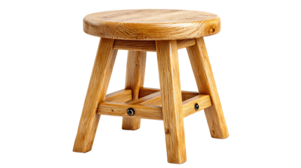 A rustic wooden stool with a round top and sturdy legs on a white isolated background.