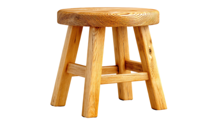 A rustic wooden stool with a round seat and sturdy legs, perfect for casual seating.