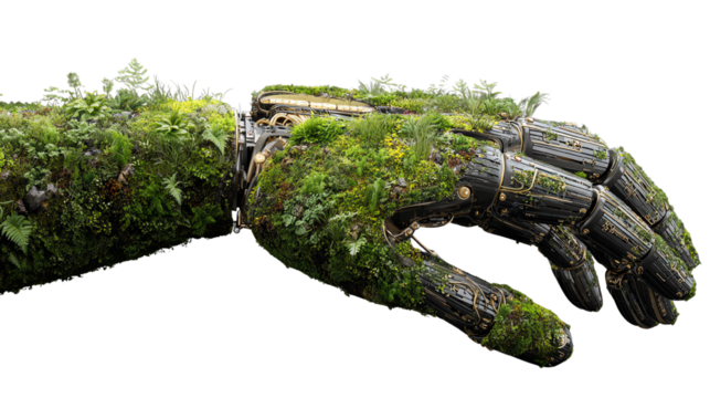 A robotic hand covered in lush greenery, symbolizing the fusion of nature and technology on a white isolated background.
