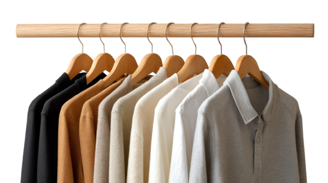 A row of neatly hung shirts in various colors on a wooden hanger against a white background.