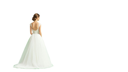 Fototapeta premium A woman wearing a beautiful white wedding dress, elegantly posed from the back against a white background.