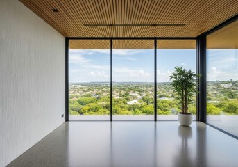 Obraz premium Empty room with large windows overlooking green cityscape and blue sky interior minimalist
