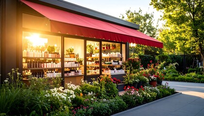 Obraz premium Sunny storefront with plants and products