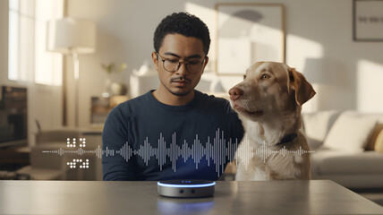  Man Using Smart Voice Assistant with Dog Companion