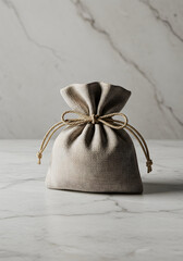 Elegant Linen Gift Bag Mockup on Marble Background Perfect for Branding and Packaging Design Minimalist Style