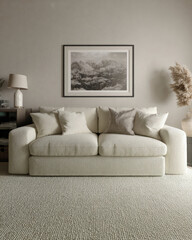 Cozy Living Room with Plush White Sofa Surrounded by Stylish Decor and Modern Wall Art