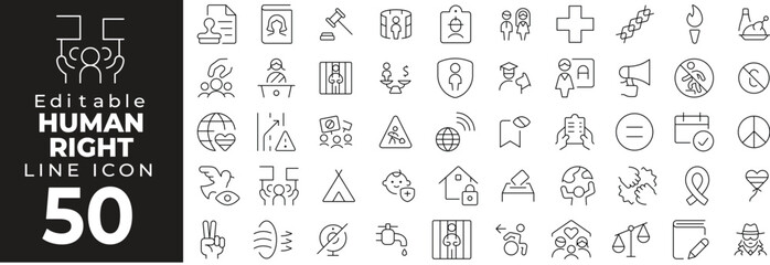 Human rights and freedom set of web icons in line style. Social justice linear icons collection. Containing equality, law, democracy, protest, charity, voting, religion, education, support. Editable