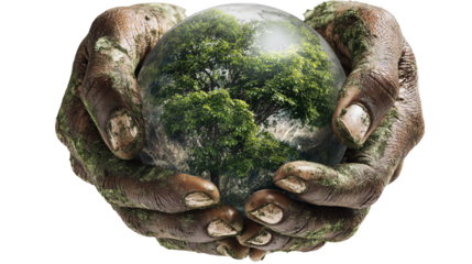 Hands holding a glass globe symbolizing earth and nature, representing environmental protection and sustainability.