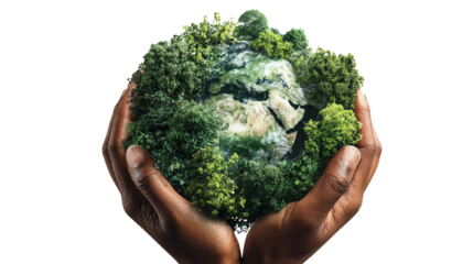 Hands holding a globe made of greenery, symbolizing care for the planet and environmental protection.
