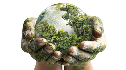 Hands holding a globe with lush greenery, symbolizing nature and sustainability on a white isolated background.