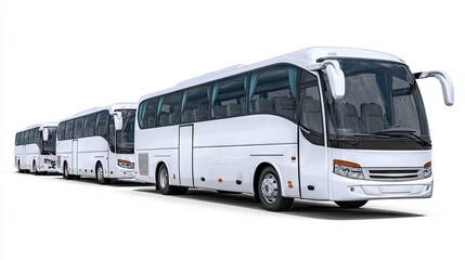 Modern white tour buses lined up on an isolated background to showcase design and functionality in a well-lit 3D rendered presentation