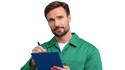 Professional man in green uniform taking notes on clipboard, isolated on white background.