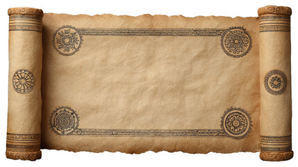 Old parchment scroll with decorative borders, isolated on a white background.