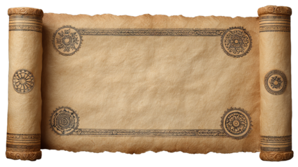Old parchment scroll with decorative borders, isolated on a white background.