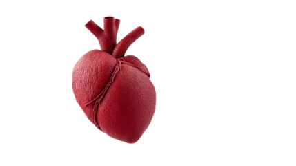 Realistic anatomical model of a human heart, showcasing detailed structure and texture, isolated on a white background.