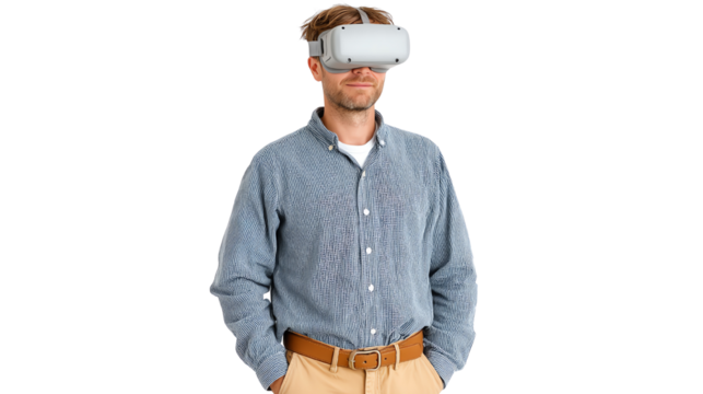 Man wearing VR headset, exploring virtual reality in a modern setting.