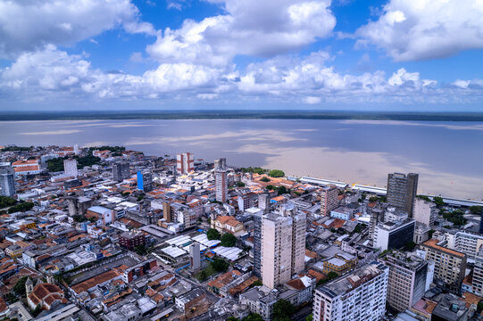 Beautiful aerial view of Bel&eacute;m city skyline and Amazon river in the Amazonia, Par&aacute; state, Brazil. Belem downtown buildings, streets, old houses. Concept of travel, cityscape, architecture, tourism.