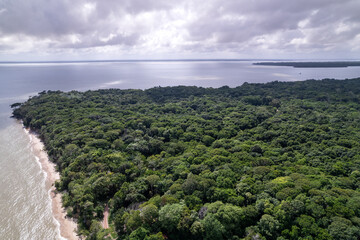 Amazon River and forest aerial view from Cotijuba Island Amazon Rainforest Conservation Area on a sunny summer day. Concept of environment, ecology, biodiversity, climate change,  nature, travel.