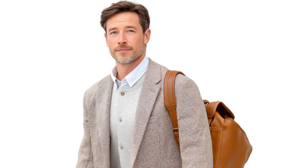 Stylish man with a brown bag, dressed in formal wear, standing confidently on a white isolated background.