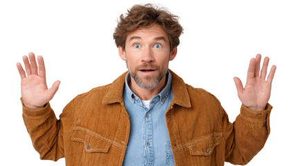 Surprised man with raised hands, expressing astonishment and excitement.