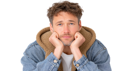 Thoughtful young man in casual attire, resting chin on hands with a contemplative expression.