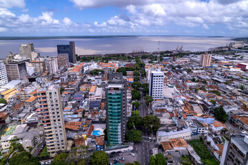 Beautiful aerial view of Belém city skyline and Amazon river in the Amazonia, Pará state, Brazil. Belem downtown buildings, streets, old houses. Concept of travel, cityscape, architecture, tourism.
