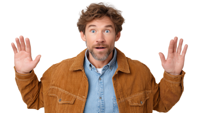 Surprised man with raised hands, expressing astonishment and excitement.